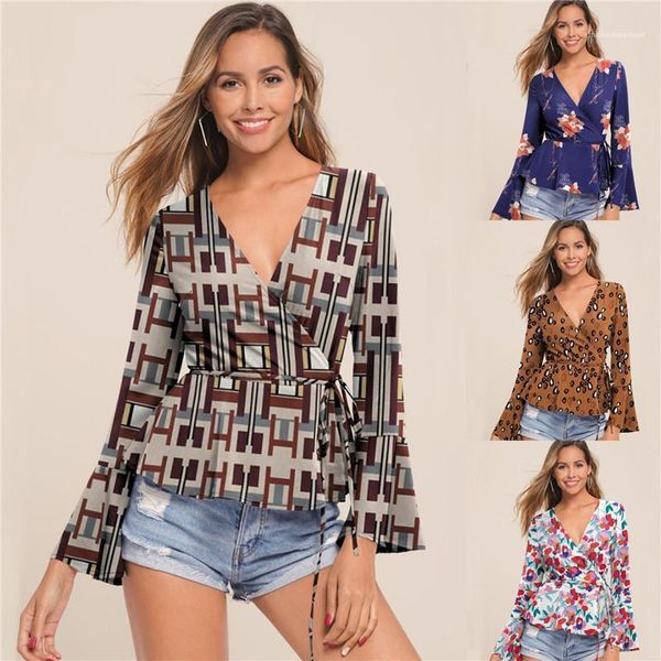 

flare рукавом womens 2020 роскошная одежда осени женщин конструктора вскользь тенниску sexy глубокий v шеи, White