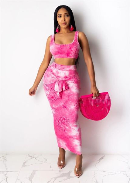 

piece sets female clothes summer tie dye sashes bodycon two piece dress womens desinger brief sleeveless casual u-neck two, White