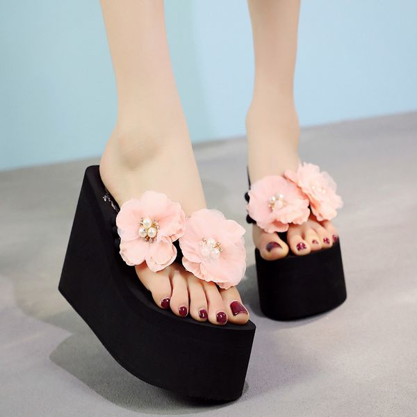 

platform slippers flip-flops women wedge flower pearl beach super high heel 11cm slippers women bohemian shoes plus size 35-41, Black