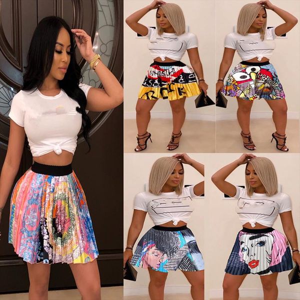 

2020 women new summer vintage cartoon letter print high waist above knee mini pleated skirts fashion skirt outfit z022, Black