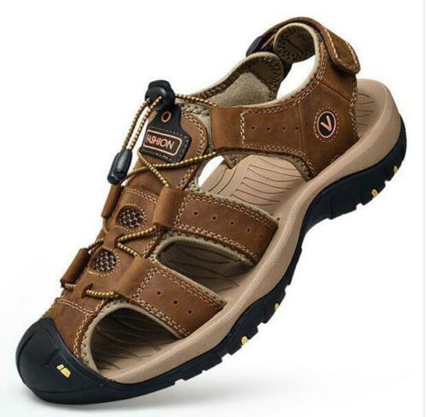 

2020 summer new plus size sandals men's first layer leather beach shoes breathable outdoor men's shoes, Black