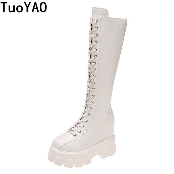 

boots winter women knee high wedges heels 10cm platform cross strap long pu leather sneakers motorcycle, Black