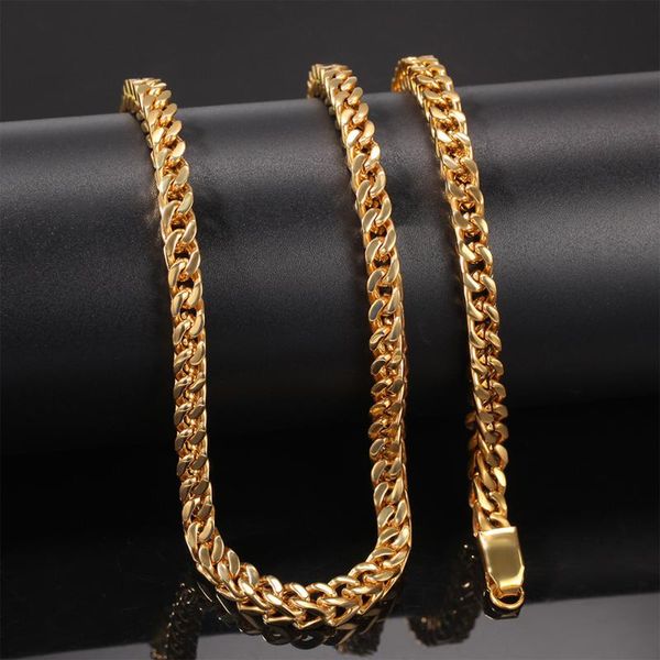 

hip hop stainless steel square wheat braided link chain necklaces trendy choker custom long flat cuban chain for men jewelry, Silver