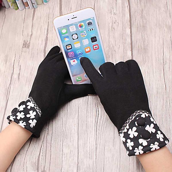 

five fingers gloves c button thicken glove windproof cashmere full finger mittens women girls winter warm flowers luvas, Blue;gray