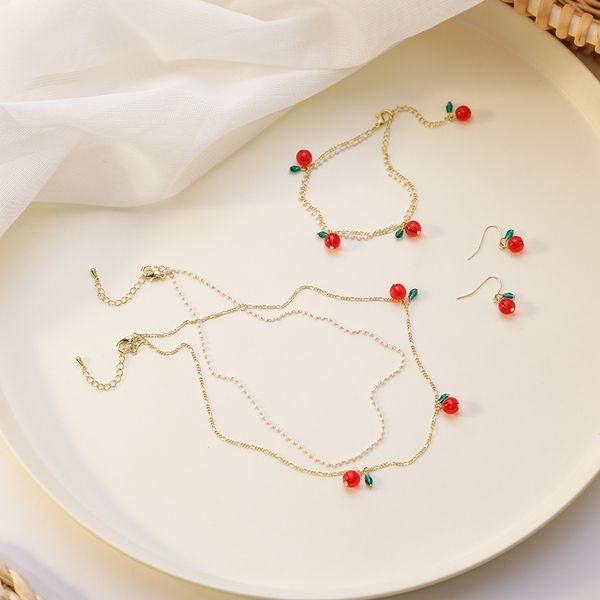 

fflacell 2020 korean simple resin cherry double-layer beaded necklace choker bracelet drop earrings for women girls jewelry set, Silver