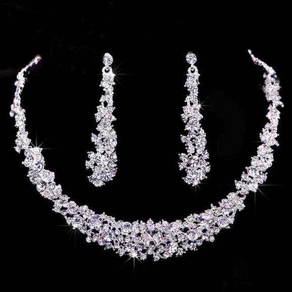 

fashion women rhinestone crystal collar necklace earrings wedding party jewelry set, Silver