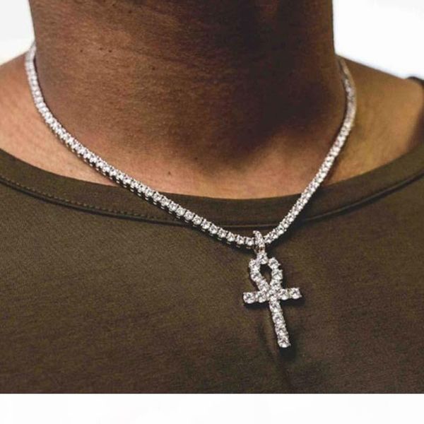 

mens bling iced out egyptian ankh key pendant necklace gold plated hip hop black crystal cuban link chain men jewelry necklaces & pendants, Silver