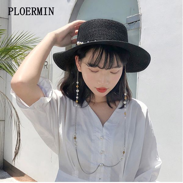 

summer women fashion french retro pearl chain flat straw hat wide brim elegant sun hat lady's travel beach gorras, Blue;gray