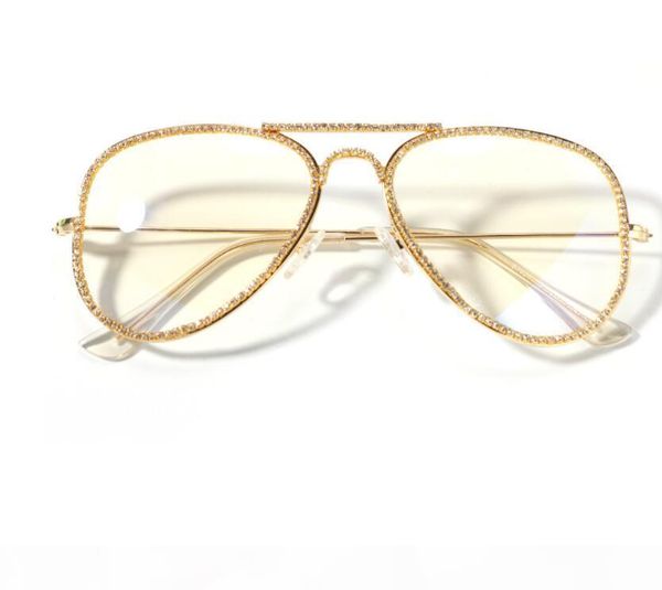 

new diamond inlaid metal frame mirror fashion personality hip hop gold decorative glasses full frame, Silver
