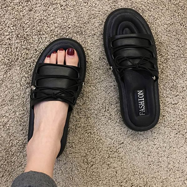 

casual cross-tied solid pu gladiator sandals women flip flops beach elevated shoes woman muffins slip on platform sandalias 2020, Black