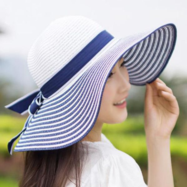 

wide brim hats summer sun protection black and white striped bowknot straw women holiday travel cool sunscreen beach cap j2, Blue;gray