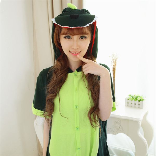 

animal cartoon one-piece pajamas short-sleeved men and women pure cotton cute couple dinosaur home mascot costumes wholesale, Black;red
