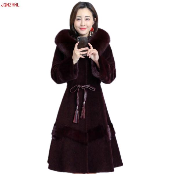 

new fur coat women winter jacket luxury fur collar hooded warm outerwear sheep long coat as1154, Black