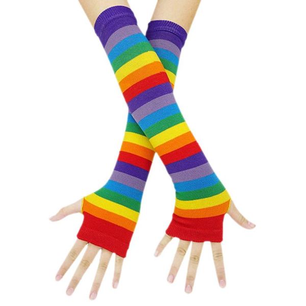 

five fingers gloves elbow length fingerless arm warmers rainbow color winter for women long costume santa christmas gifts girls fashion 7.10, Blue;gray