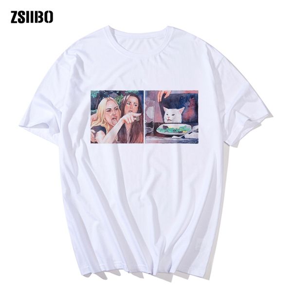 

zsiibo funny woman yelling at a cat at dinner table men t-shirt t-shirts for men and women anime painting clothes