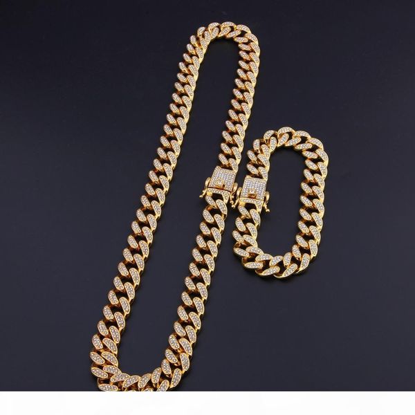 

13mm miami cuban link chain gold silver necklace bracelet set iced out crystal rhinestone bling hip hop for men