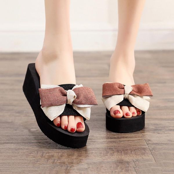 

bohemian butterfly-knot women's summer footwear new arrival flat beach slipper for woman classics non-slip platform slaps women, Black