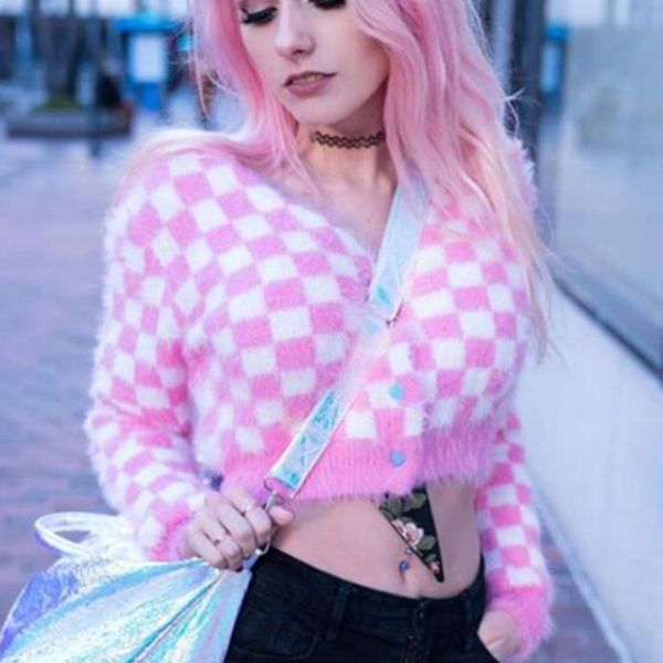 

мода осень женский розовый клетчатый норка кашемировый свитер кардиган женщин v шеи короткие однобортный кардиган женщина s954, White;black