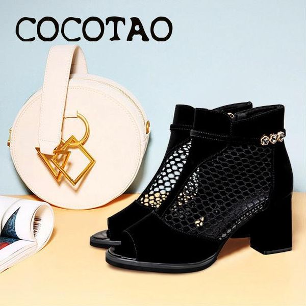

fish mouth sandals women thick heels with hollowed-out mesh boots 2020 summer new fashion wild sandals fashion high heels, Black