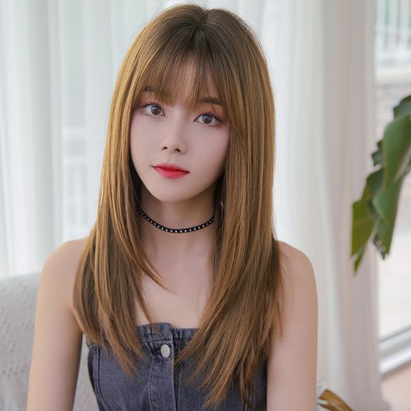 

korean style women long hair straight wigs natural full air bangs synthetic human hair lace front wigs, Black