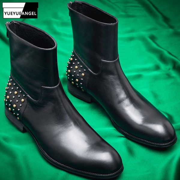 

brand men pointed toe formal boots luxury business back zip rivet 100% real leather ankle shoes motocycle bota masculina 38-43, Black