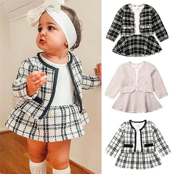 

princess suit cardigan + skirt two-piece suit designers kids clothes baby long sleeve sweaters dress autumn children plaid print d82802, White