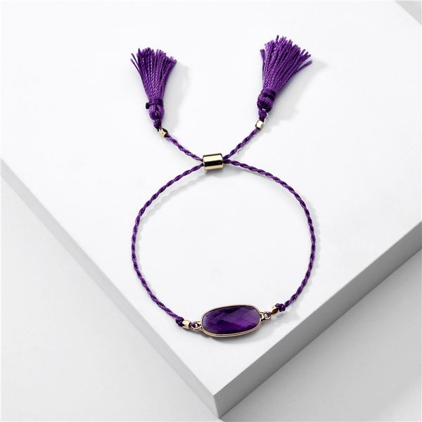 

geometric framed natural stone purple quartz pull tie tassel bracelet for women, Golden;silver