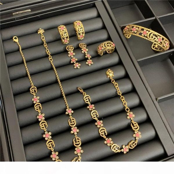 

vintage crystal necklace sets flowers gg letters jewelry sets designer diamond bracelet women luxury rings necklace charm earring studs set, Black