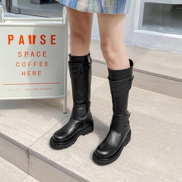 

kickway special design knee-high boots women warm round toe genuine cow leather comfortable flat shoes women's motorcycle boots, Black