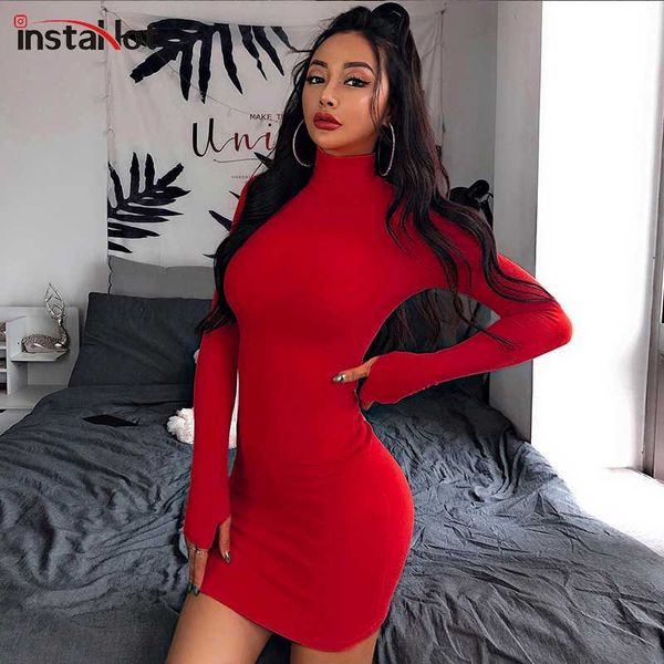 

instahot водолазка с длинным рукавом тощий платье минималистский осень вязаная повседневный basic mini платье 8 цветов элегантный партия тон, Black;gray