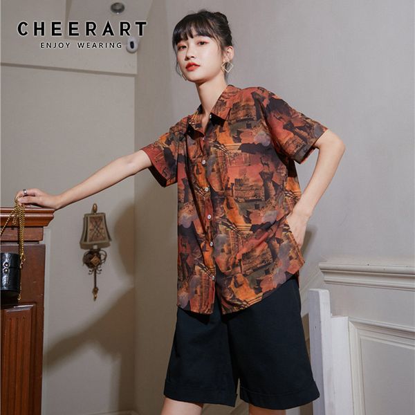 

cheerart metropolitan art print blosue vintage floral short sleeve blouse women button down shirt summer r 2020, White