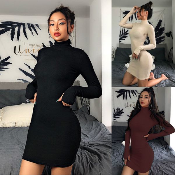 

women knit pencil dresses sexy&club mini dress girl long sleeve turtle neck autumn bodycon dresses female empire 2020 new wholesale, Black;gray
