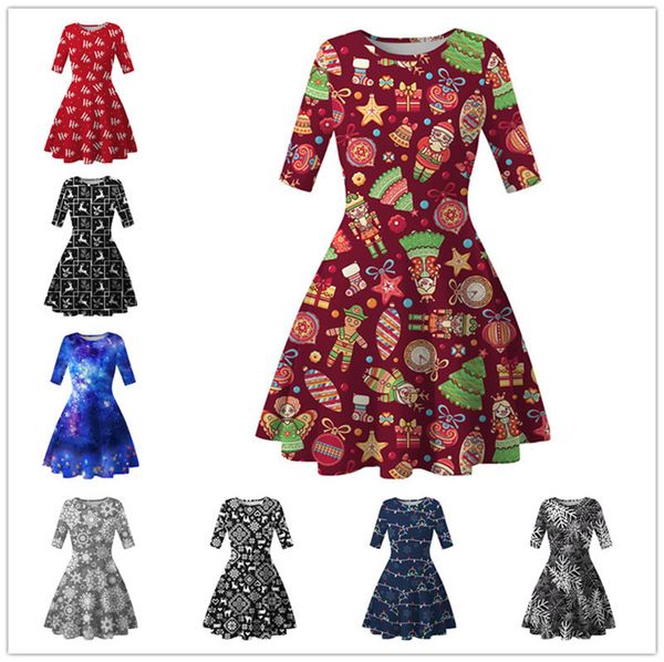 

women knee length dress christmas trees snowflower printed tunic dresses half sleeve slimming skirt xmas party dress trendy clothing d9304, White