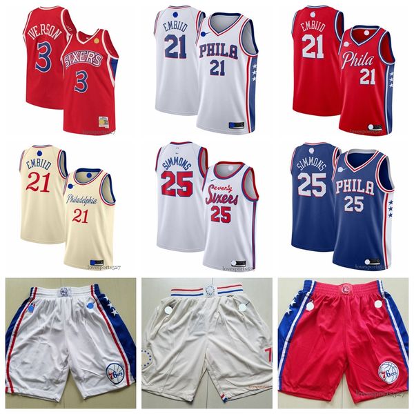 

men philadelphia 76ers throwback joel 21 embiid ben 25 simmons hardwood classics basketball jersey basketball shorts 0808, Black;red