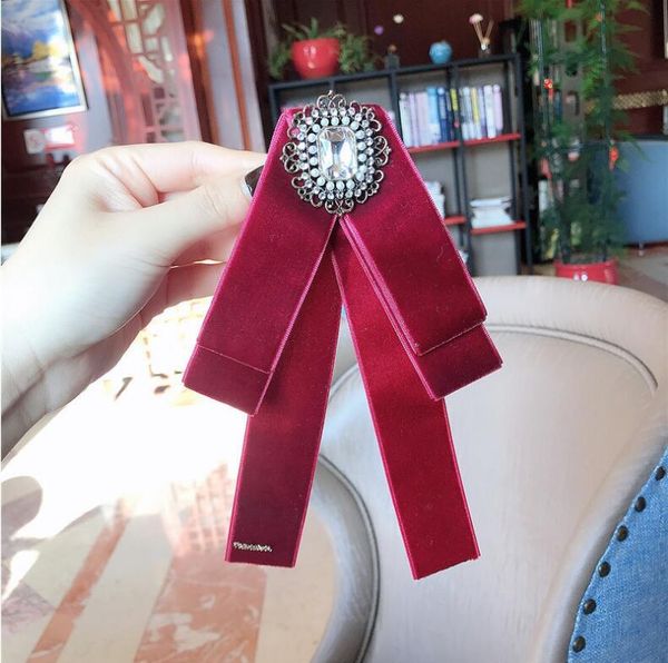

fashion- autumn and winter velvet bow tie korean guest single color gemstone rhinestone collar needle bow shirt collar flower pin brooch, Gray