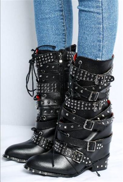 

Woemn Leather belt buckle rivet locomotive booties pointed toe wedge heel short Martin boots black