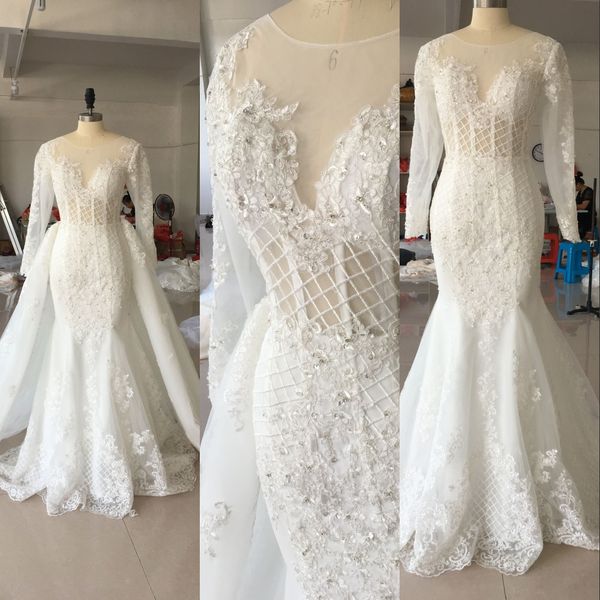 Immagine reale sexy Nuove cuciture overkirts abiti da sposa sirena abiti gioiello appliques in pizzo a maniche lunghe cristalline abiti da sposa staccabili da sposa 403 403