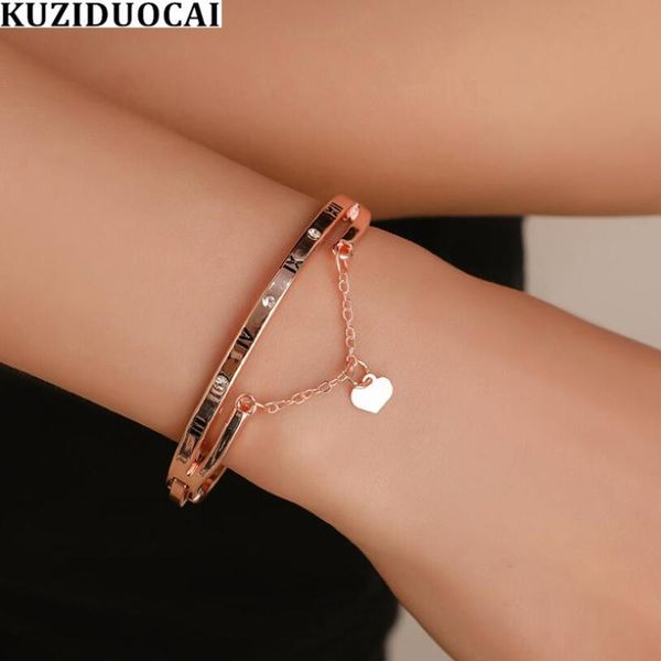 

kuziduocai 2020 new fashion jewelry metal zircon roman numerals love heart chain open buckle bangle & bracelets for women gift, Black