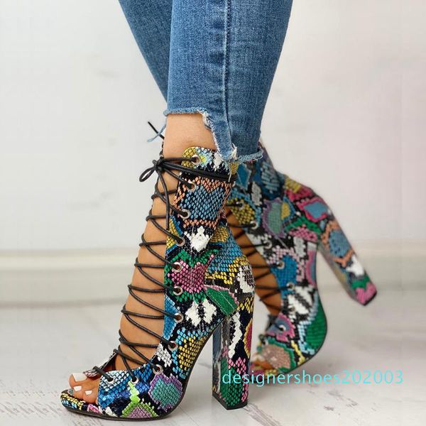 

versatile multi serpentine sandals women open toe lace up ladies shoes multicolor snake skin high heel sandals buty damskie s03, Black
