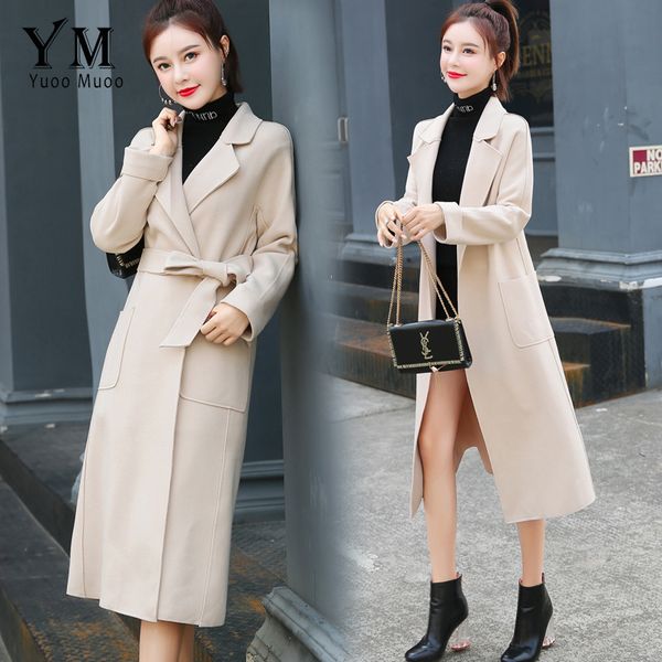

women's wool & blends yuoomuoo good quality comfy long women coat 2021 winter elegant beige black with belt ladies bandage cardigan ove