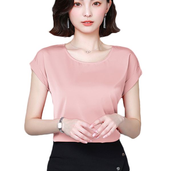 

women's blouses & shirts 2021 fashion summer women basic solid blouse chiffon short sleeve loose o-neck silk lady female blusas plus s, White
