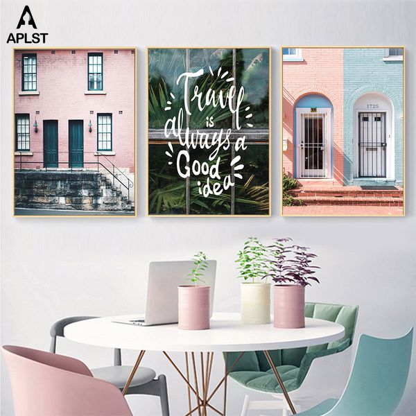 

travel quote wall art poster nordic architecture canvas prints pink europe house painting prints home living room decoration