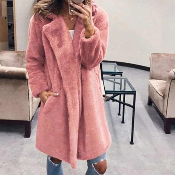 

women faux fur coat jacket overcoat 2020 autumn winter coat women long solid streetwear female outerwear jackets chaqueta mujer, Black