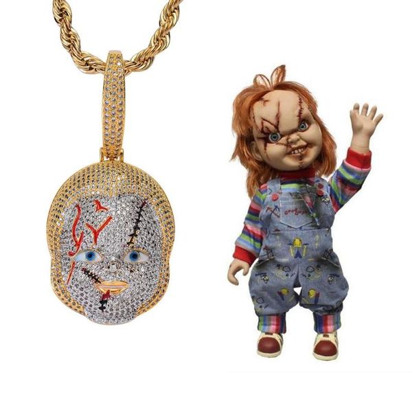 

ear iced out chucky pendant necklace micro pave cubic zirconia with solid back hip hop jewelry street wear, Silver