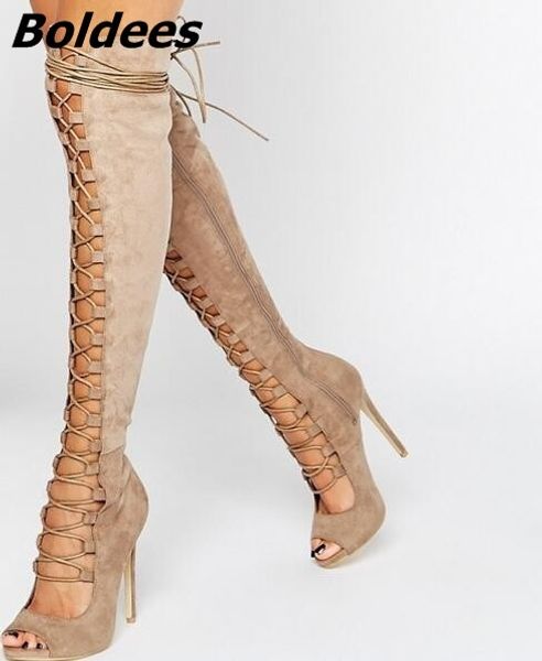 

fashion suede black taupe lace-up strappy over the knee woman peep toe cut-out gladiator sandals boots high heel shoes