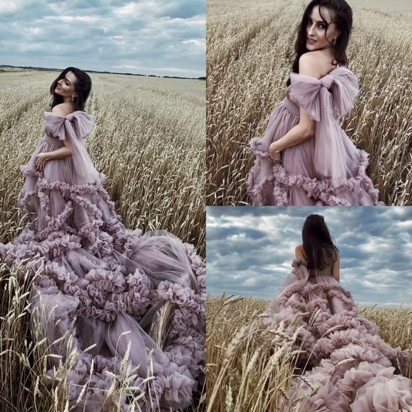 Lavender 2021 Prom Dresses Tulle Vestidos grávidas Fotografia Photo shoot Tamanho vestido Sheer Wear Além disso vestido de festa