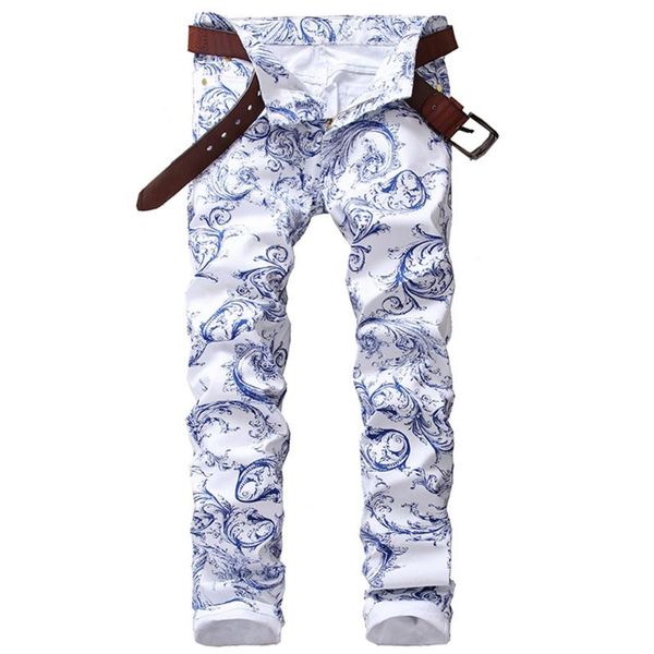 

men's jeans fashion 3d pattern slim skinny printed blue white stretch denim pants teenagers over flowers