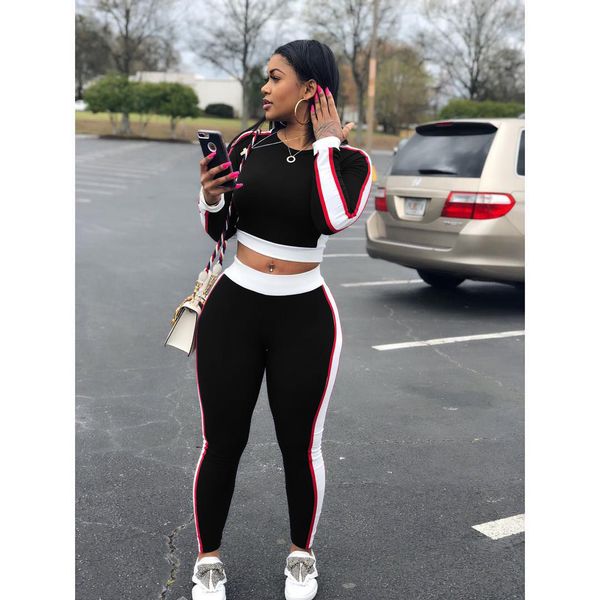 

women sport style clothing sets womens casual stitching active sports suits fashion two pieces sets female long sleeve tshirts + pants, White