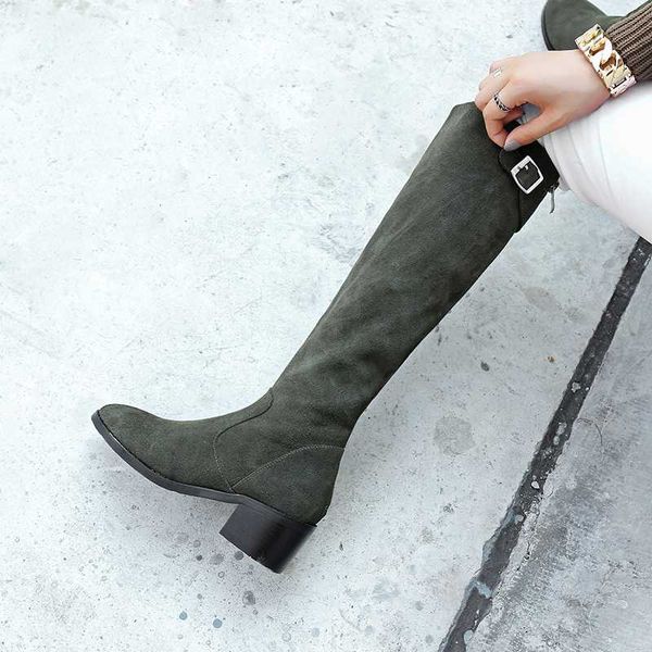 

buckle strap back zipper women boots stylish booties lady nubuck leather plush knee high female high heel shoes, Black