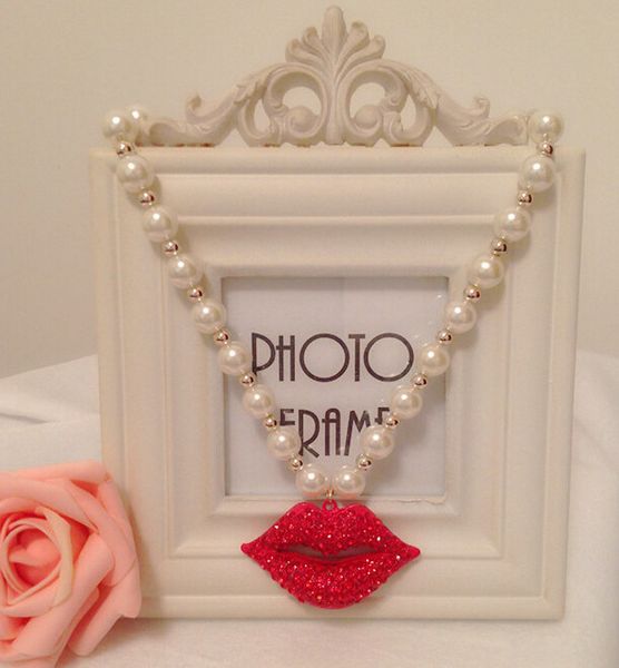 

модные имитация pearl chocker ожерелье горячий поцелуй красный губ ожерелье accessary кристалл collares заявление ювелирные подарки, Silver